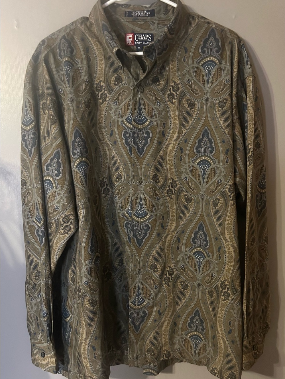 Chaps Ralph Lauren XL Paisley Button Down Shirt Olive Blue Vintage Style